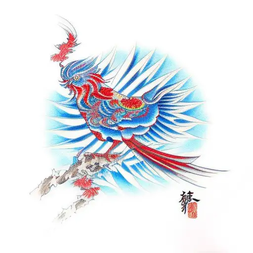Phoenix Japanese Bird Tattoo In Blue N Red Color