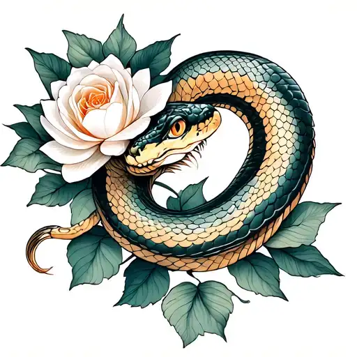 Snake With A White Rose And Water Lily Flower