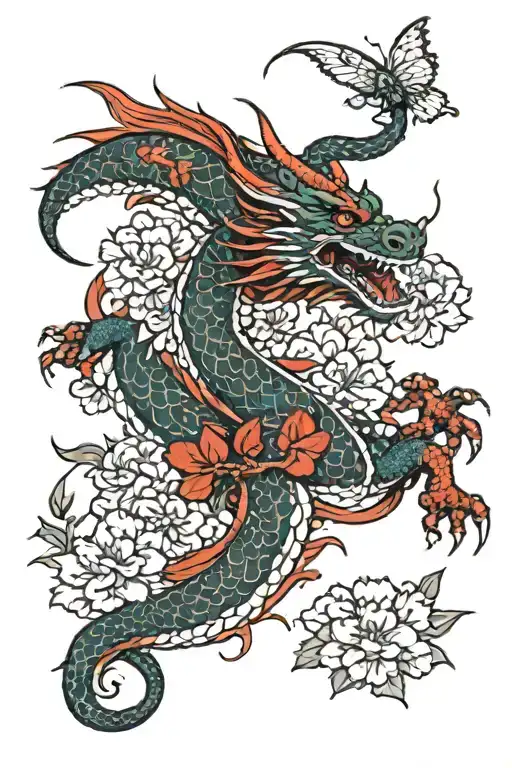 Red Dragon In A Flower Bunch With Butterflies
