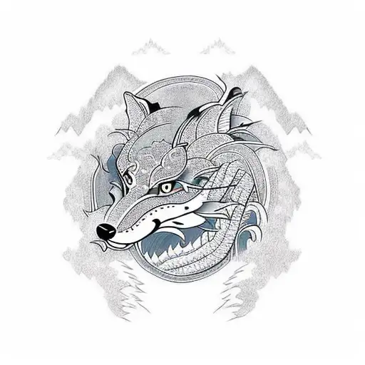 Oriental Mountains And A River Below Also A Fox And Chinese Style Dragon