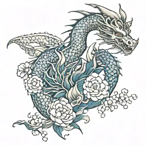 Dragon And Flowers Growing Together Symbolizing