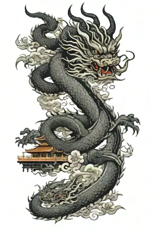 Japanese Temple And Two Dragon