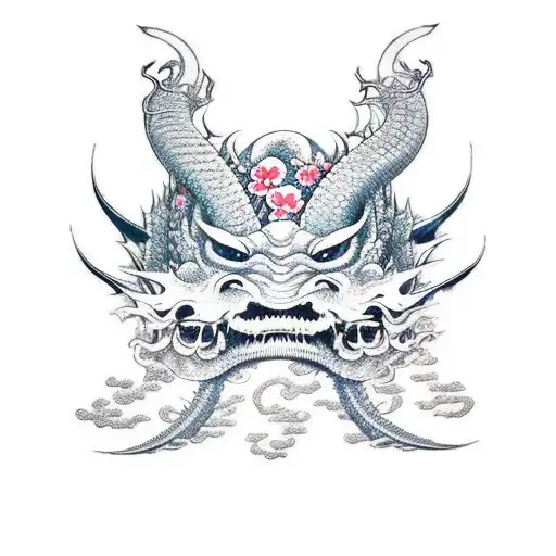 Dragon Oni Mask Tidal Waves And Cherry Blossom