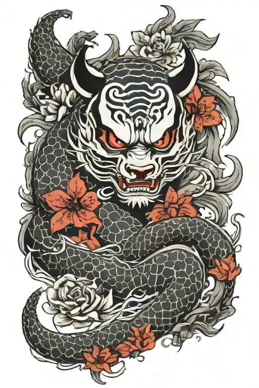 A Hannya Oni Whith A Black And White Dragon Red Spider Lilys A Red Carp And A Panda