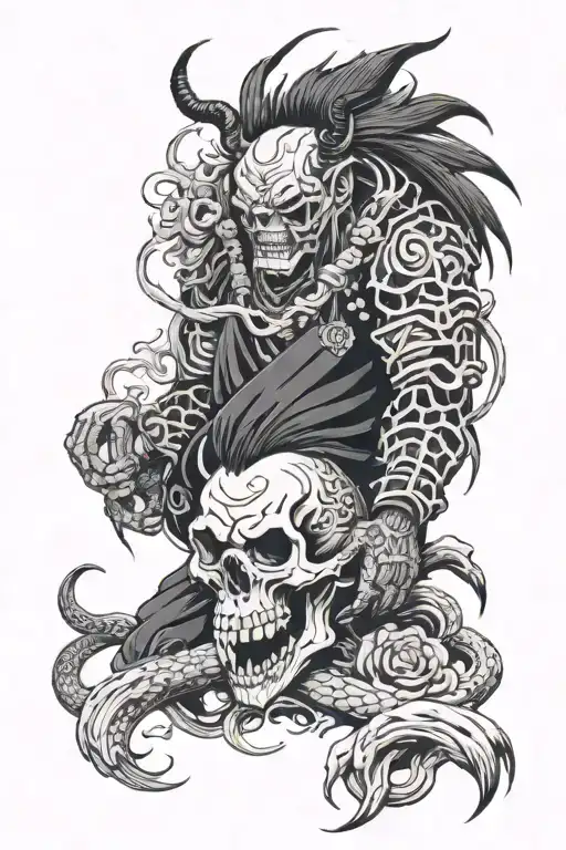 A Oni With A Shinigami A Raven Skulls Black And White Snakes And A Black Carb And A Bear