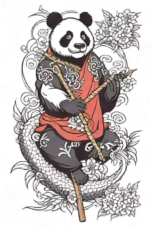 A Panda With A Dragon And Bambo Stick