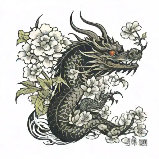 Dragon And Flowers Growing Together