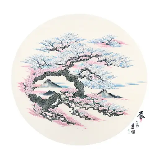 Japanese Cherry Blossom Trees On Each Side Of A River With A Sunset In The Back