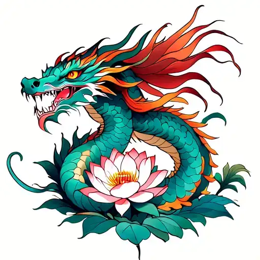 Japanese Dragon As If It Flies With Lotus Flowers
