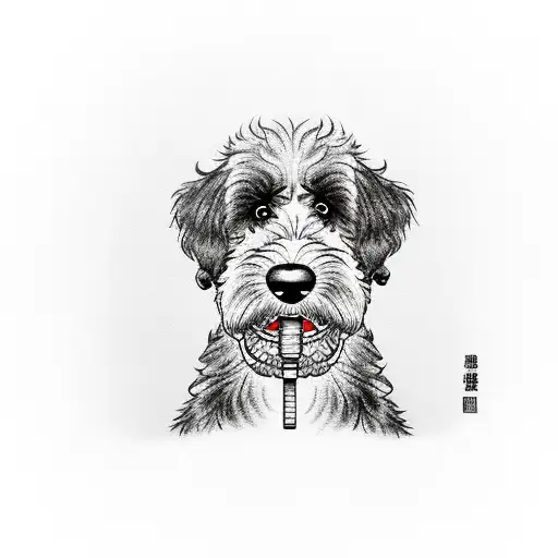 Bernedoodle Dog Holding A Weight Dumbbell In His Mouth