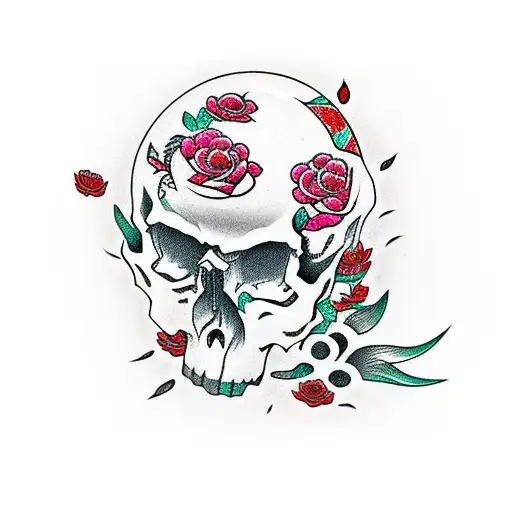 Skull With Rose And Koi Fish