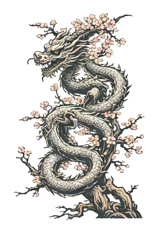 Cherry Blossom Tree Representing Life And A Dragon Wrapping Around It Representing Death