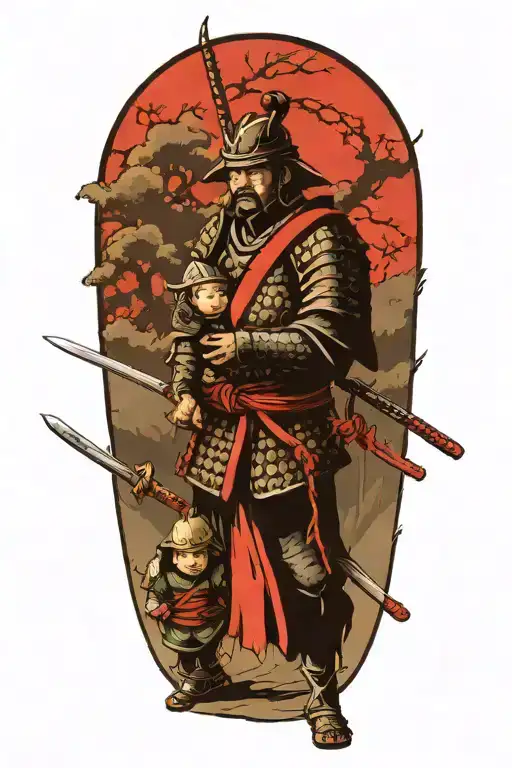 Samurai In Full Armor Ready For War With Two Children Holding His Begging Him Not To Leave