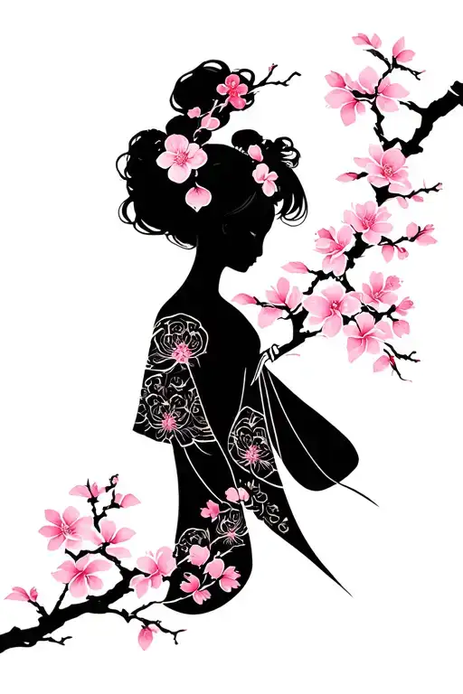 Sakura Flower And Daughter Silhouette
