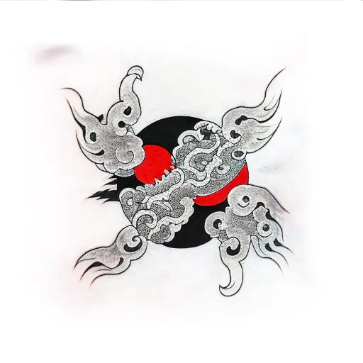 Okami Full Back Tattoo With Red Sun Behind