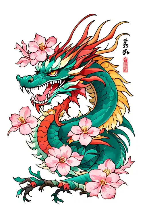 Japanese Dragon And Cherry Blossom Flowers