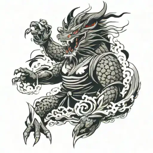 Full Arm Sleeve With A Dragon And Samurai Face Morphing