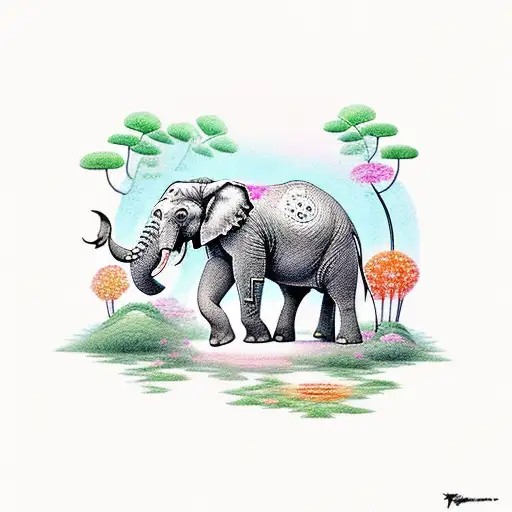 Elephant In A Jungle Setting With Vibrant Flowers And Plants