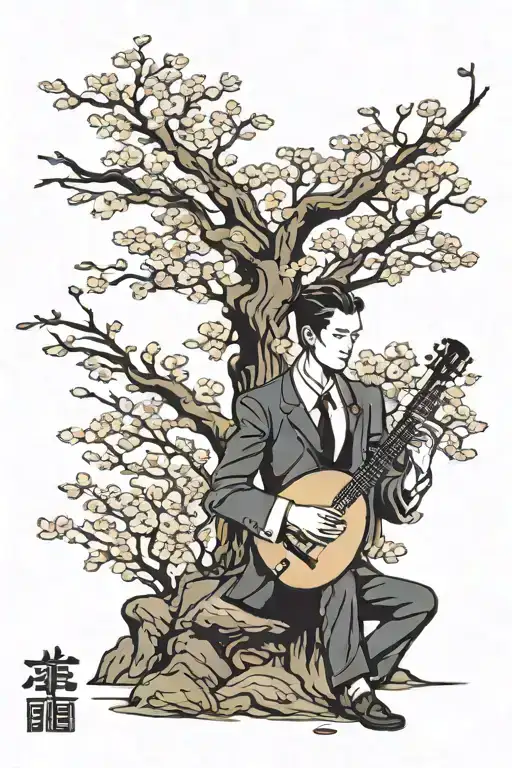 A Businessman Silhouette Playing An Oud Under A Cherry Blossom Tree