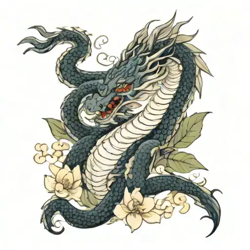 Dragon With Water Lilys And Flowers