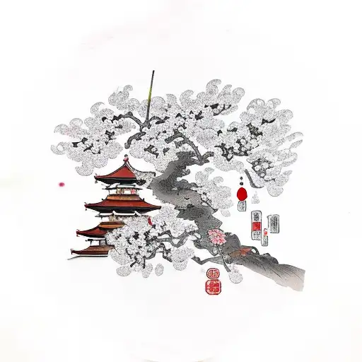 Samurai Meditates Under Cherry Blossom Tree In A Temple