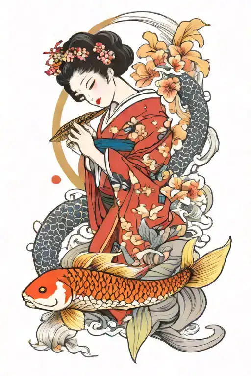 Geisha Holding A Fan With A Koi Fish Swimming Around Her