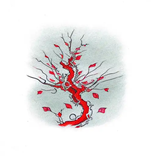 Small Red Flamboyant Tree With Red Leaves And Vine Going Through It