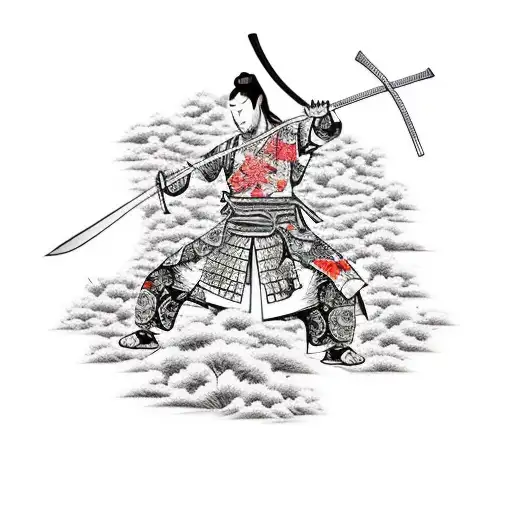 Samurai Warrior Wielding A Sword In A Cherry Blossom Forest