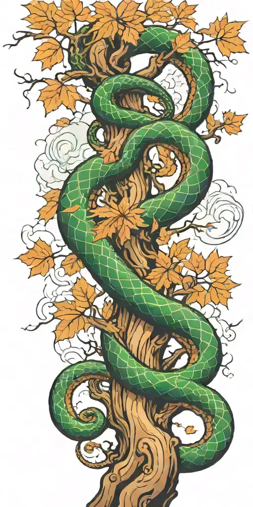 Tree Trunk With Cobra Coiling Around It With Maple Leaves With Clouds With Color