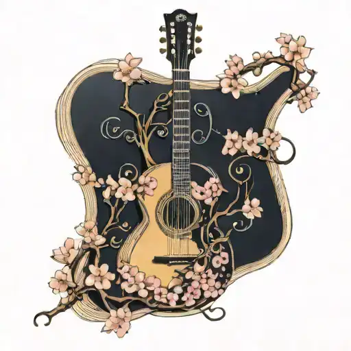 A Guitar With Intricate Musical Notes Intertwined With Cherry Blossom Branches
