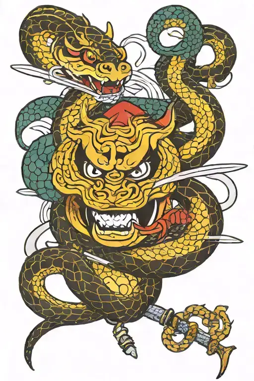 Samurai Warrior Snake And Sword Intertwined