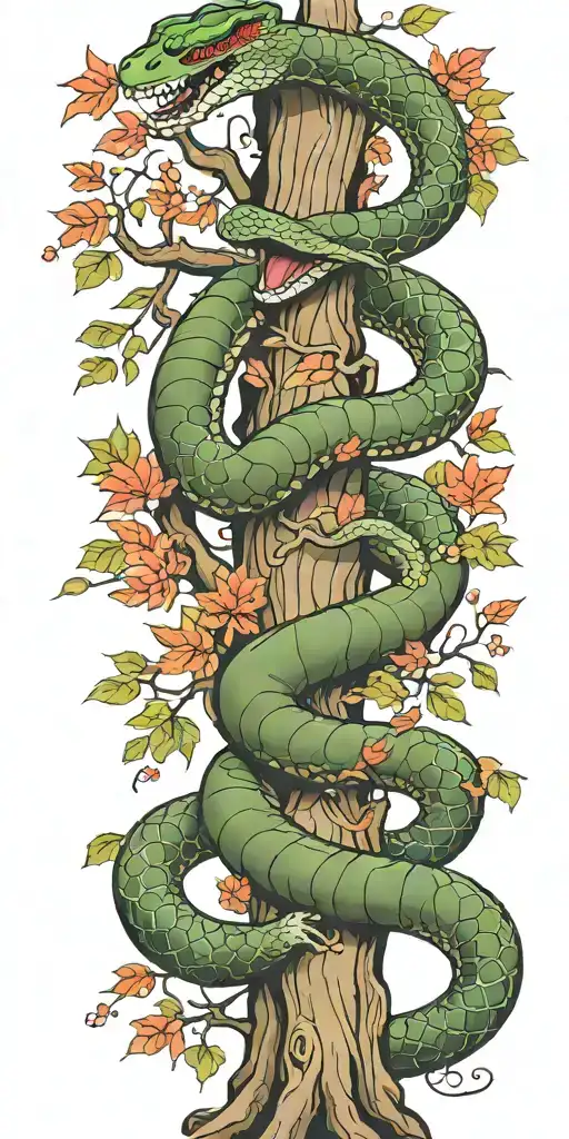 Tree Trunk With Olive Green Cobra Coiling Around It With Red Maple Leaves With Color