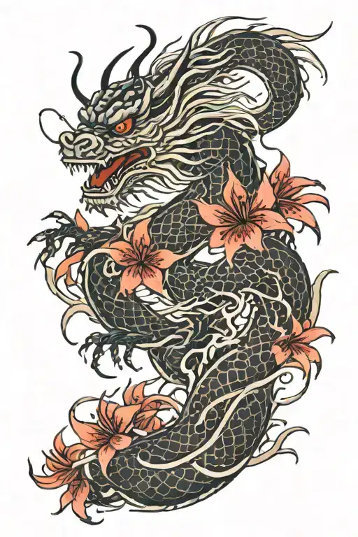 Japanese Dragon With Red And Black Spider Lily Flower