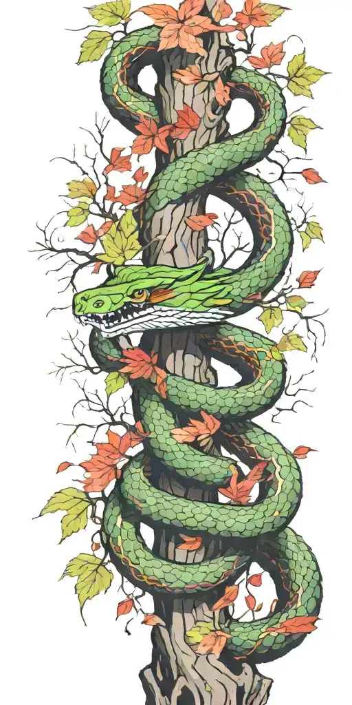 Tree Trunk With Olive Green Cobra Coiling Around It With Red Maple Leaves With Color