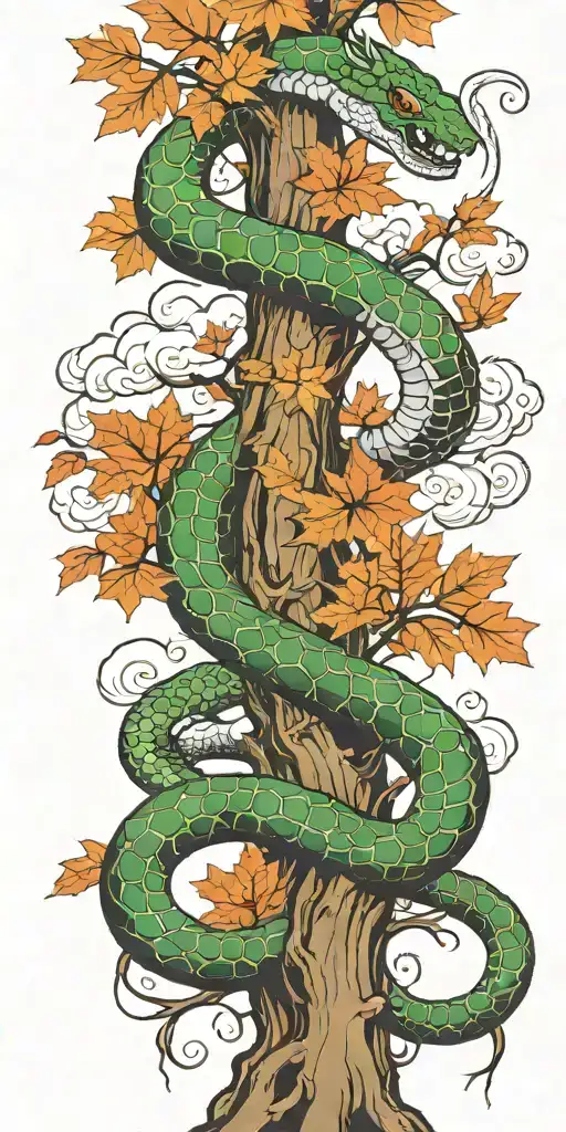 Tree Trunk With Cobra Coiling Around It With Maple Leaves With Clouds With Color With Sword