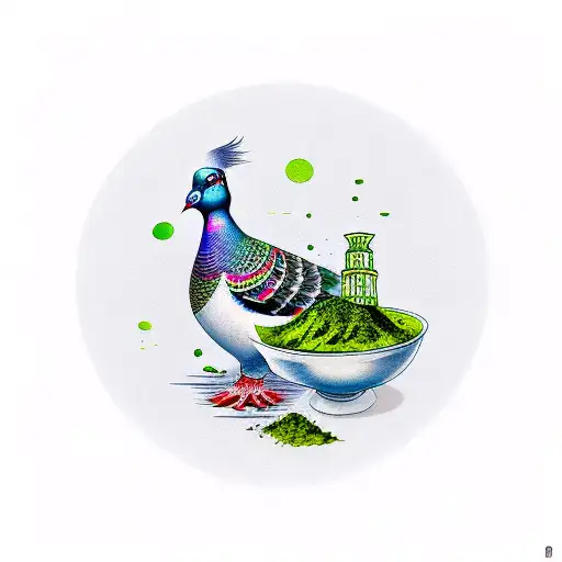 Pigeon In New York With A Bowl Of Matcha Tea
