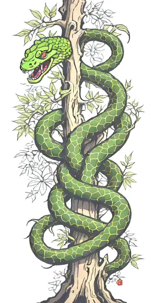 Tree Trunk With Olive Green Cobra Coiling Around It With Maple Leaves With Color