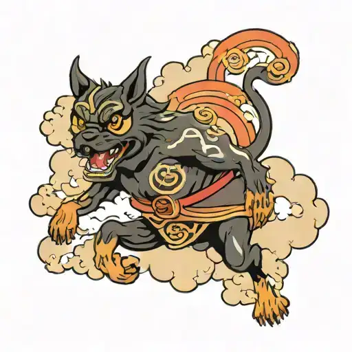Small Black Dog Jumping To Catch An Oni Mask In The Air Surrounded By Clouds