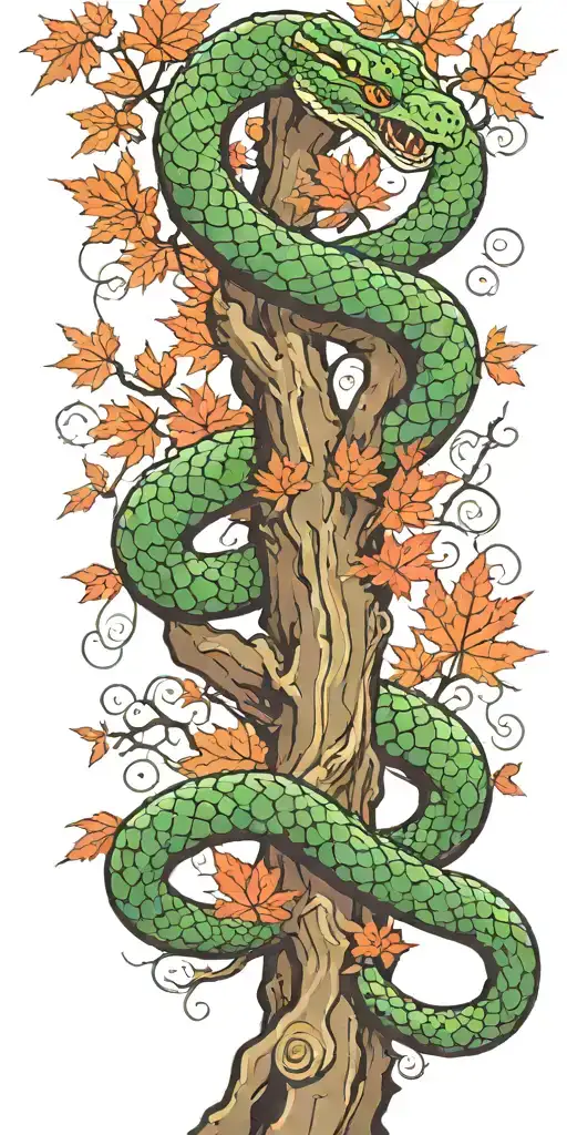Tree Trunk With Olive Green Cobra Coiling Around It With Red Maple Leaves With Color