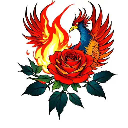 A Rose On Fire With A Phoenix In The Background