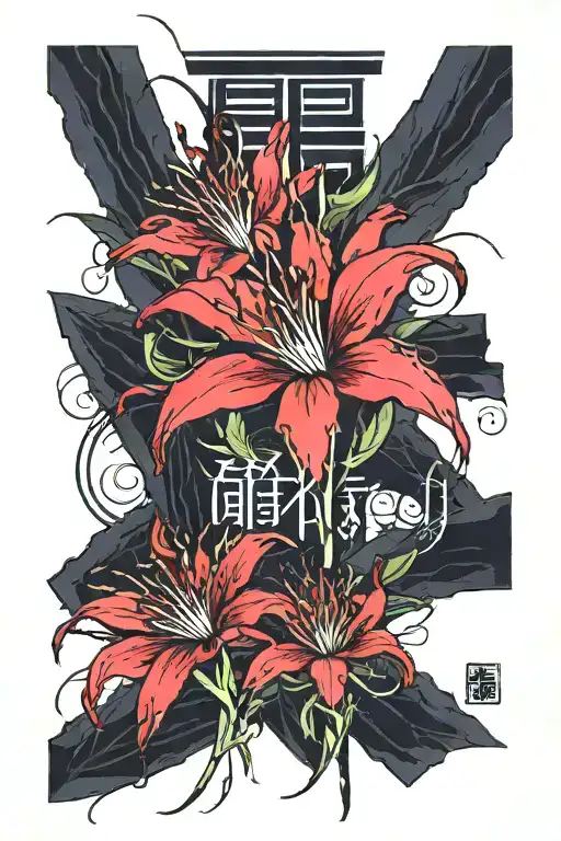 Red Spider Lilies Surounding Japanese Kanji Symbols Of Self Love