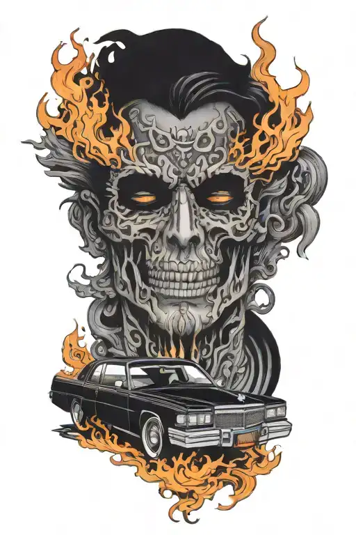 A Black 1989 Cadillac Deville In Flames