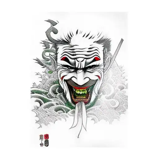 Ronin Joker In The Forest Holding A Dagger In His Mouth Carvng A Smile