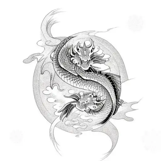 Koi Fish And A Dragon Intertwined And Surrounded By Water