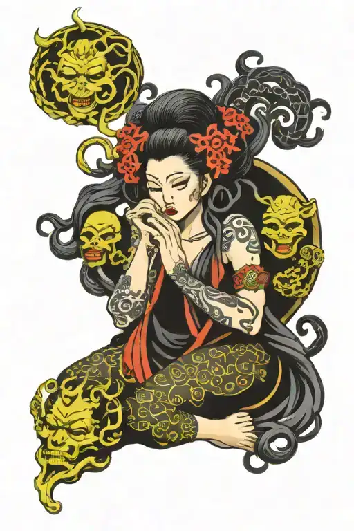 Black Medusa Leg Sleeve Tattoo Featuring Hear No Evil See No Evil Speak No Evil