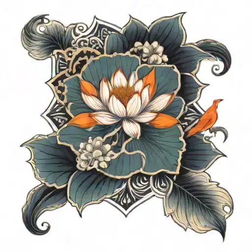 Symmetrical Lotus In Middle With Orange Japanese Cranes