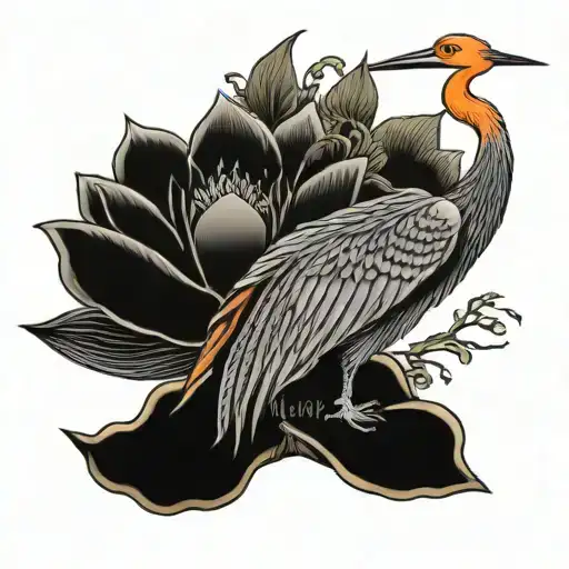 Orange Japanese Crane With Lotus Flower Blooming