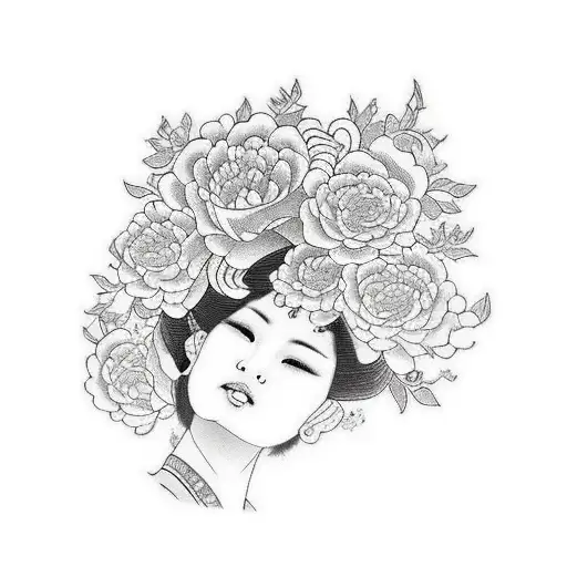 Asian Woman Face Flowers Around Her