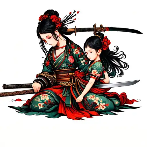 Girl Warrior With A Sword Protects A Little Girl