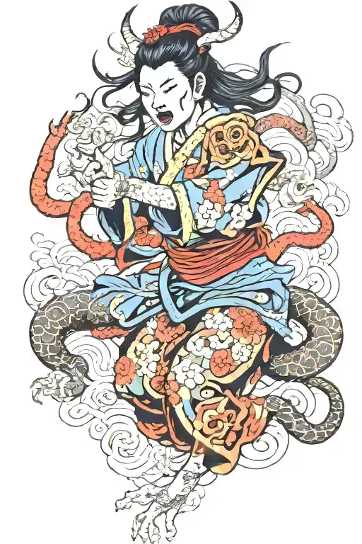 Japanese Woman Fighting A Demon
